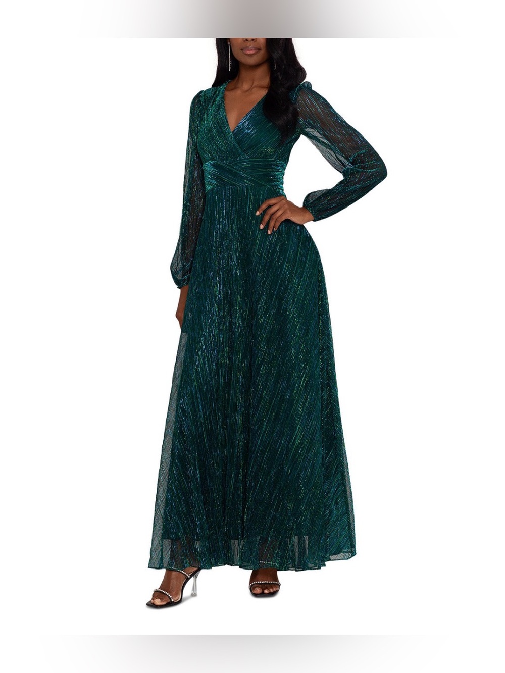 Betsy & Adam Emerald Green Long Sleeve Glitter Evening Gown